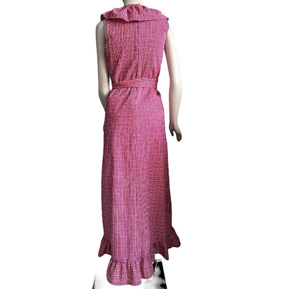 MISA Los Angeles Stella Gingham-Print Draped Ruffle Midi Wrap Dress Pink - Picture 13 of 16